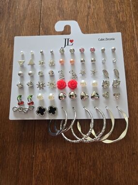 30 Pair Women's Silver Multi-Stud and Hoop Earring Set with Red Rose Accents